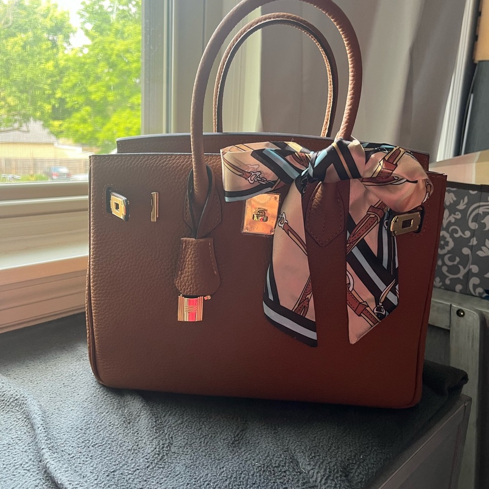 Elegant Brown Handbag with Scarf Accent